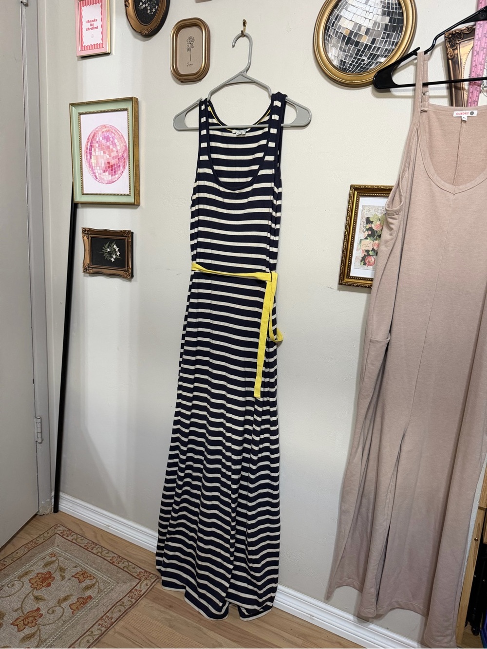 Boden Navy and White Striped Maxi Dress with Yellow Tie